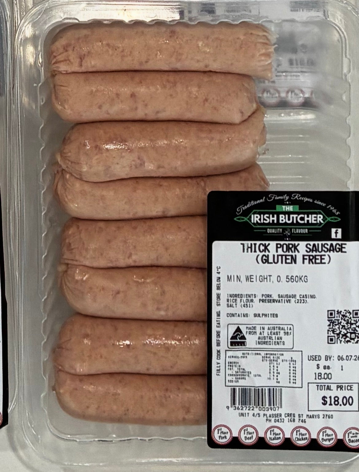 Thick Irish Style Pork Sausages 560g (8 Pack) Gluten Free  - By The Irish Butchers 🇮🇪
