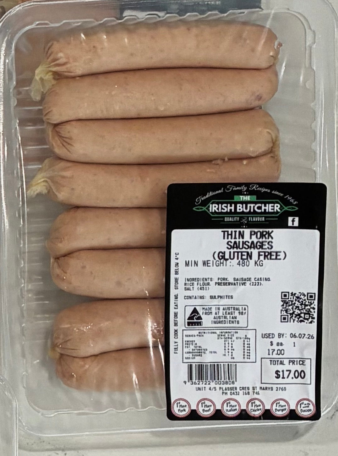 Thin Irish Pork Sausages 480g (8 Pack) Gluten Free  - The Irish Butchers 🇮🇪